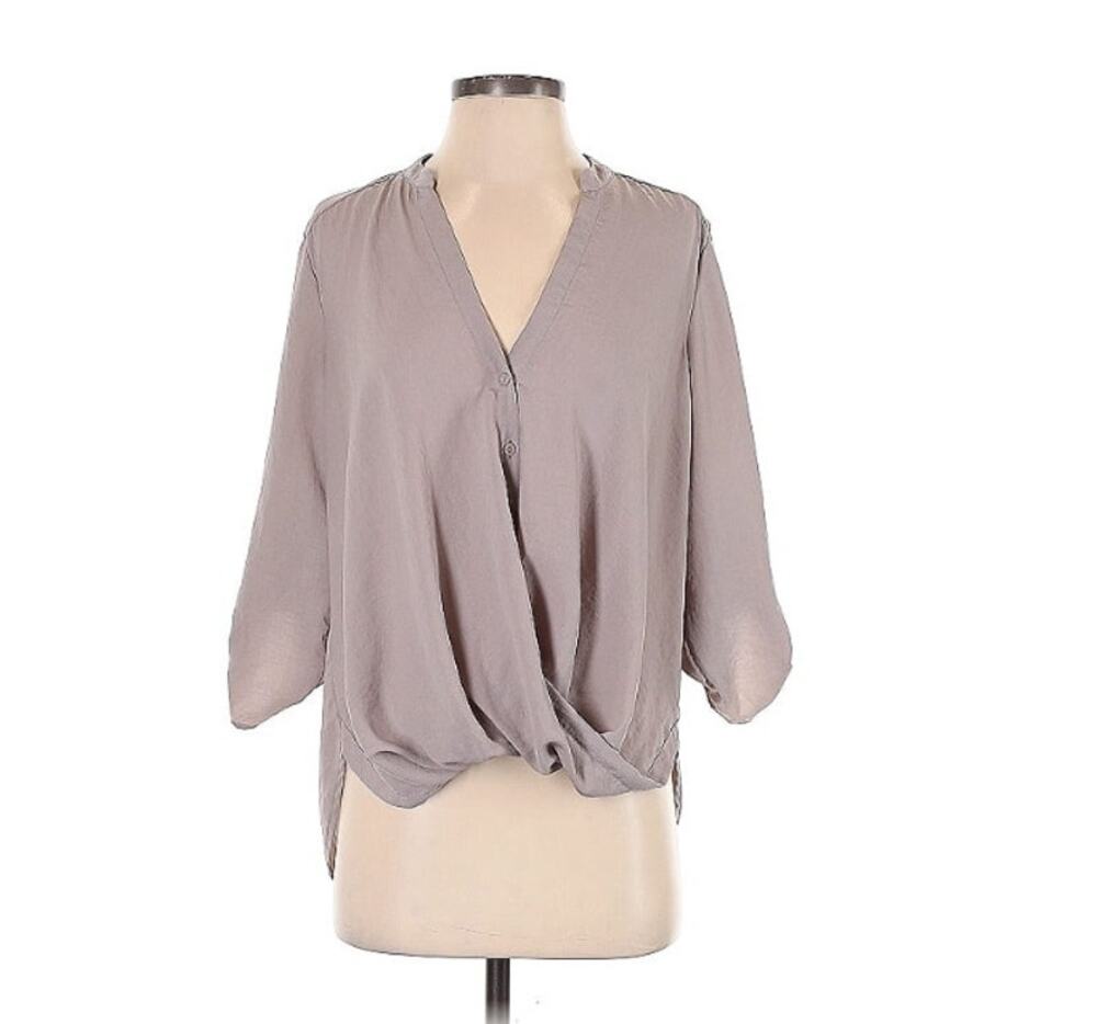 NEW Lush Faux Wrap Blouse Sheer Roll Tab Sleeve V-Neck Round Hem Size XS top
